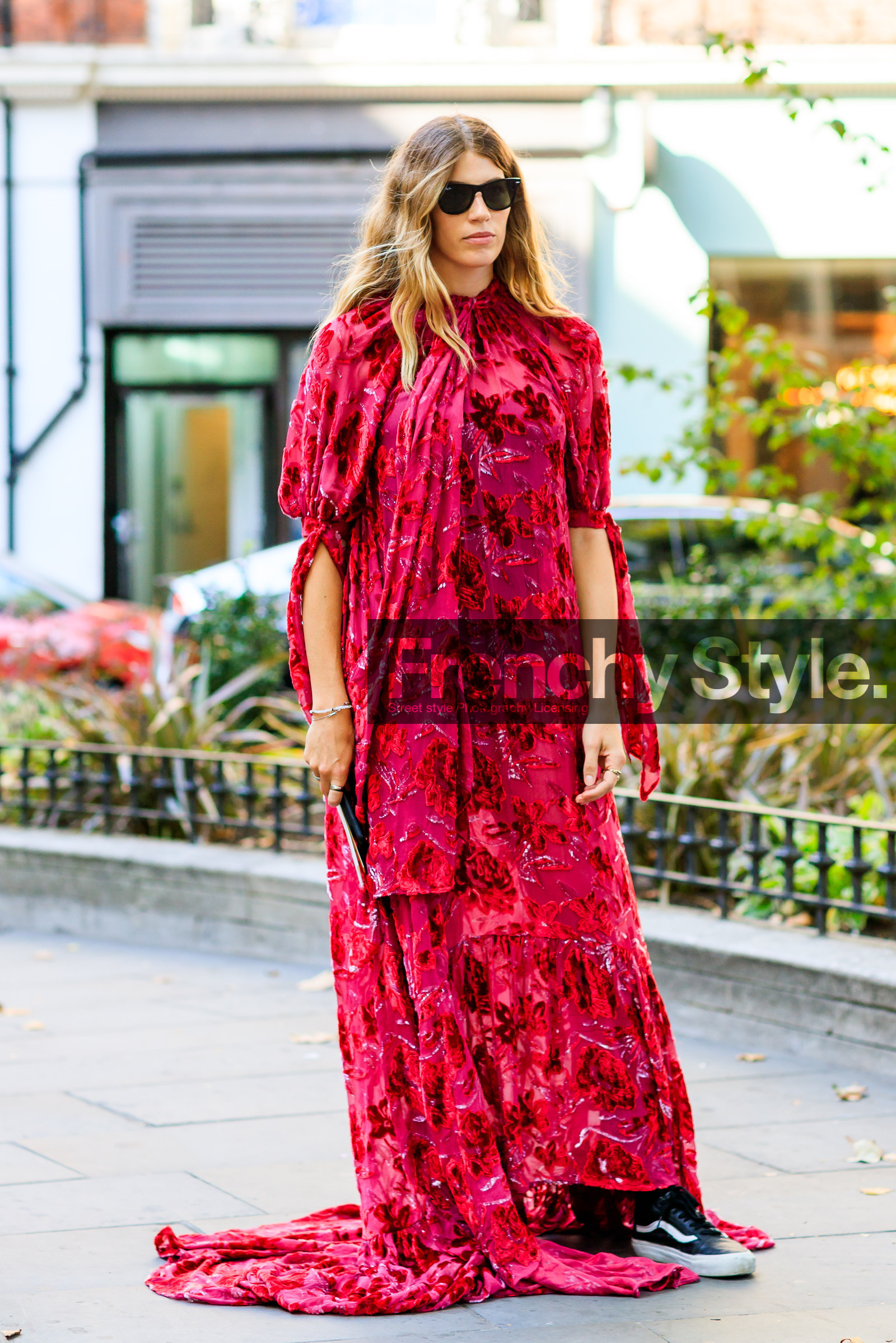 black shoes, black sneakers, floral, flowers, leather shoes, red dress, sunglasses, vans, veronika heilbrunner, fashion week, frenchystyle, FW, jonathan paciullo, street style, LFW, LONDON, SPRING SUMMER 2019, SS 19, vertical, full length