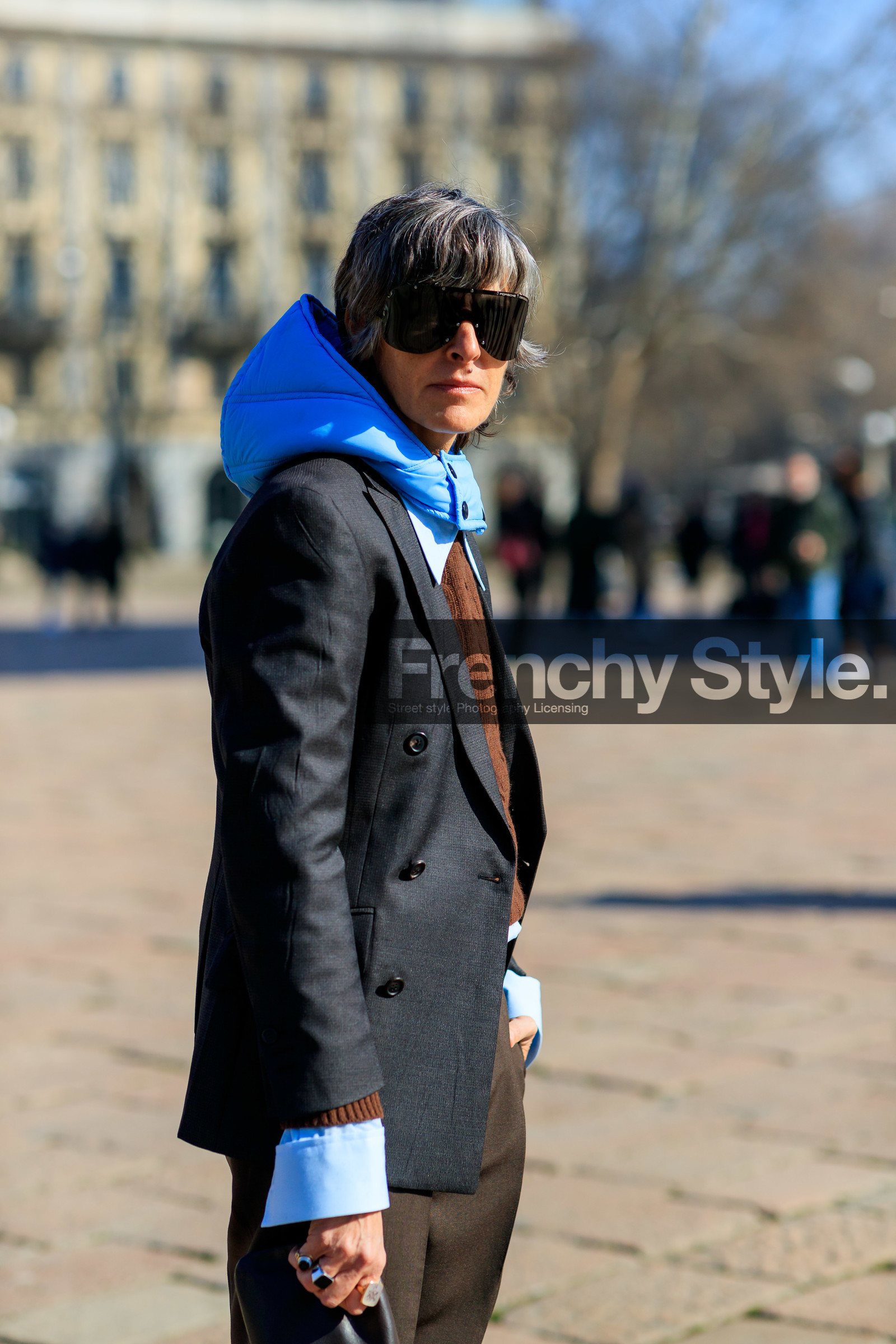 blazer, blue, brown pants, brown sweater, grey jacket, hood, rings, sunglasses, trousers, MILAN, MFW, fashion week, frenchystyle, FW, jonathan paciullo, street style, AUTUMN WINTER 2019-2020, AW 19-20, FALL WINTER 2019-2020, FW 19-20, vertical, atmosphere details, detail