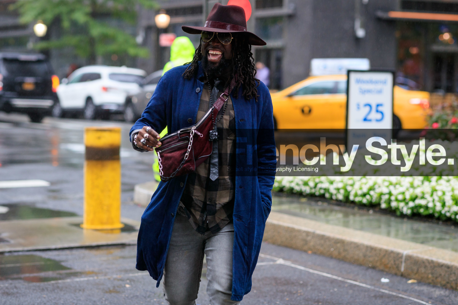 black tie, blue jacket, bordeaux, burgundy, checked shirt, denim pants, fanny pack, grey denim, jeans, leather bag, red bag, red hat, rings, sunglasses, trousers, fashion week, frenchystyle, FW, jonathan paciullo, street style, NEW YORK, NYFW, SPRING SUMMER 2020, SS 20, horizontal, atmosphere details, detail