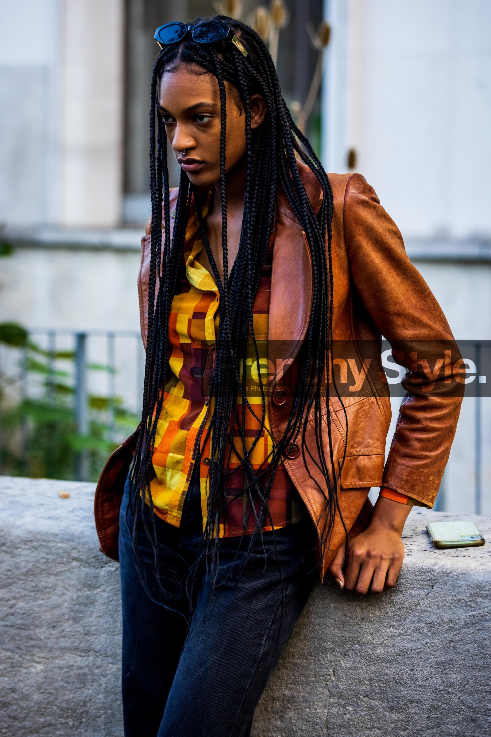 black denim, black jean, braid, brown jacket, camel jacket, check, checked shirt, color, denim, jacket, jean, leather jacket, print, printed shirt, yellow shirt, fashion week, frenchystyle, FW, jonathan paciullo, street style, PFW, PARIS, SPRING SUMMER 2022, SS 22, vertical, atmosphere details