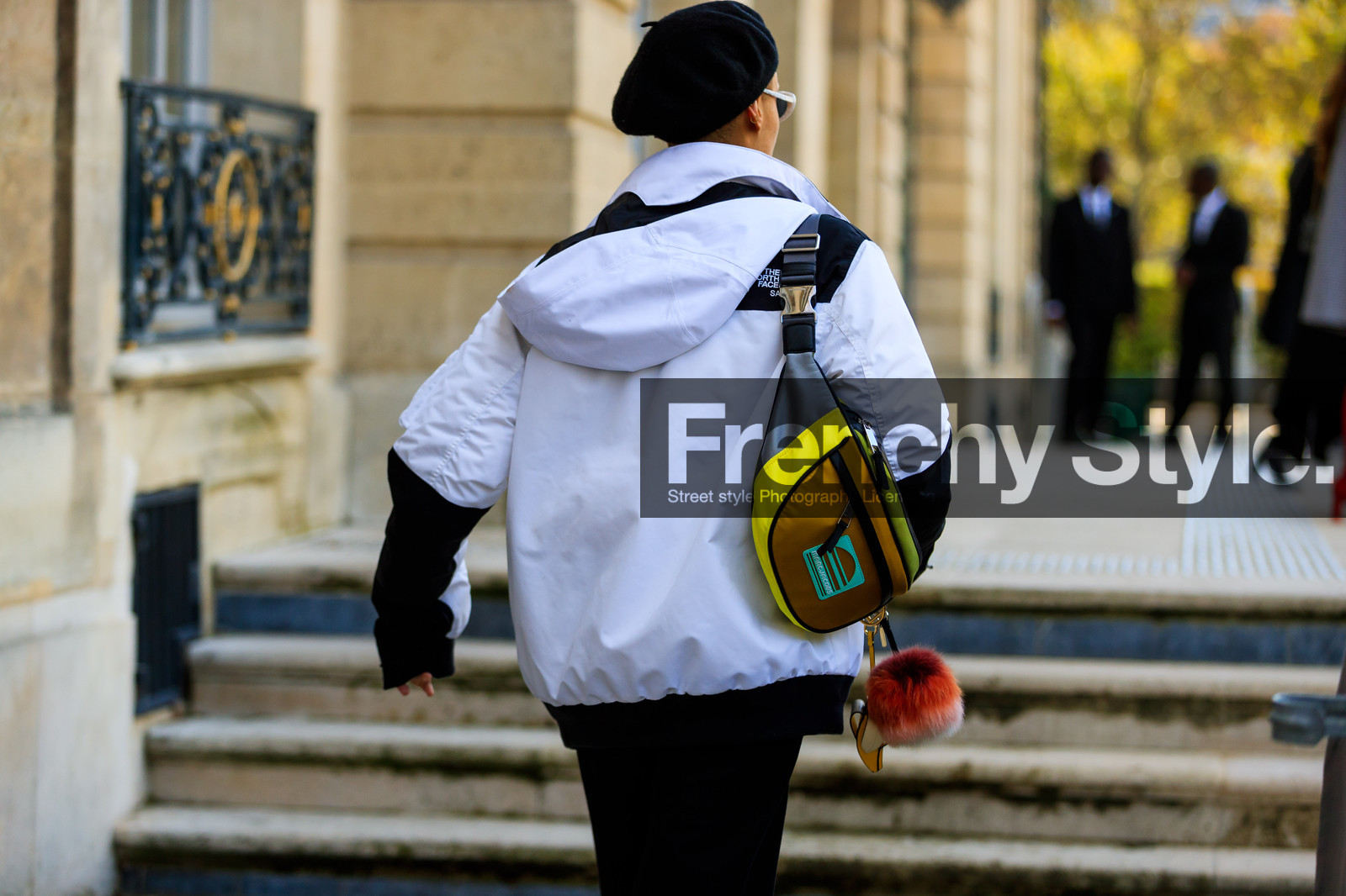 atmosphere details, beret, black hat, black pants, detail, down jacket, fanny pack, fashion week, frenchystyle, FW, graphic bag, hood, horizontal, jonathan paciullo, leather bag, marc jacobs, PARIS, PFW, printed bag, SPRING SUMMER 2018, SS 18, street style, streetwear, trousers, white jacket, model, adwoa aboah