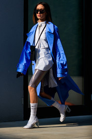 alexandra guerain, black bag, blue coat, grey shorts, high heels, leather bag, leather shoes, mini bag, sunglasses, transparent shoes, white shirt, white shoes, white socks, MILAN, MFW, fashion week, frenchystyle, FW, jonathan paciullo, street style, AUTUMN WINTER 2019-2020, AW 19-20, FALL WINTER 2019-2020, FW 19-20, vertical, full length