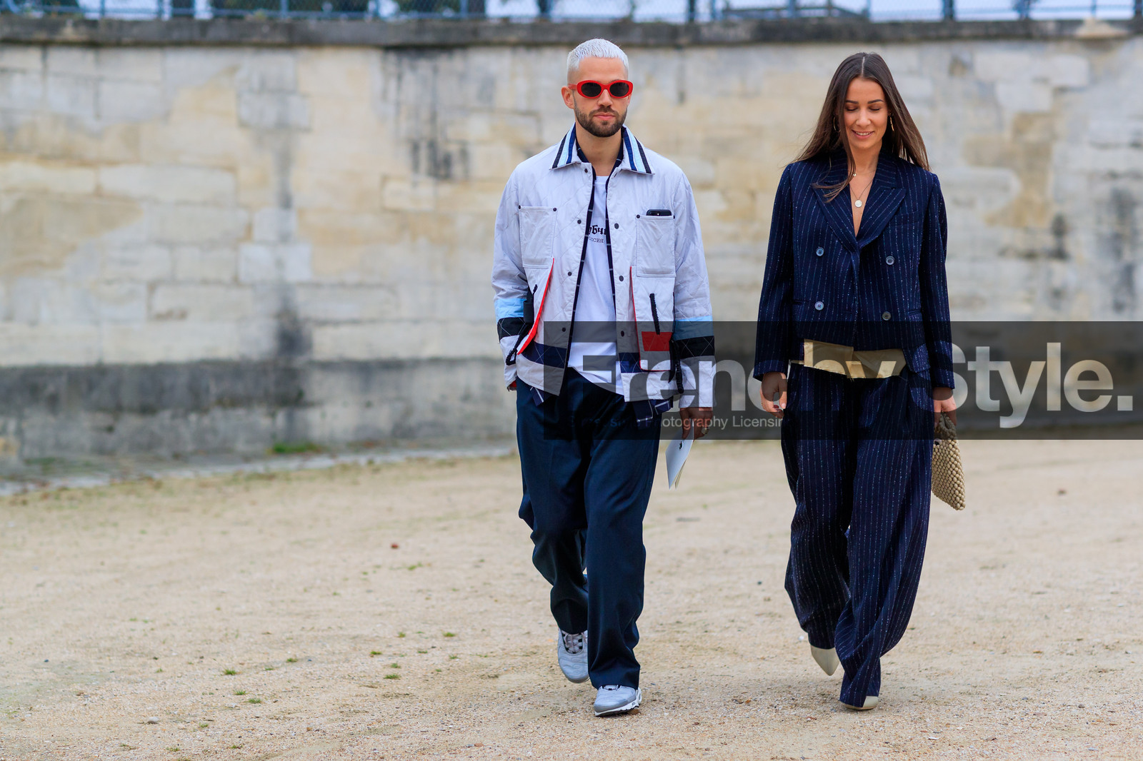 atmosphere details, beige bag, black pants, blazer, blue jacket, blue pants, blue suit, fashion week, frenchystyle, full length, FW, graphic bag, graphic jacket, graphic pants, graphic suit, grey sneakers, horizontal, jonathan paciullo, leather bag, leather shoes, PARIS, PFW, printed jacket, printed pants, printed suit, SPRING SUMMER 2018, SS 18, street style, striped jacket, striped pants, striped suit, sunglasses, trousers, white jacket, white t shirt, alice & j.s