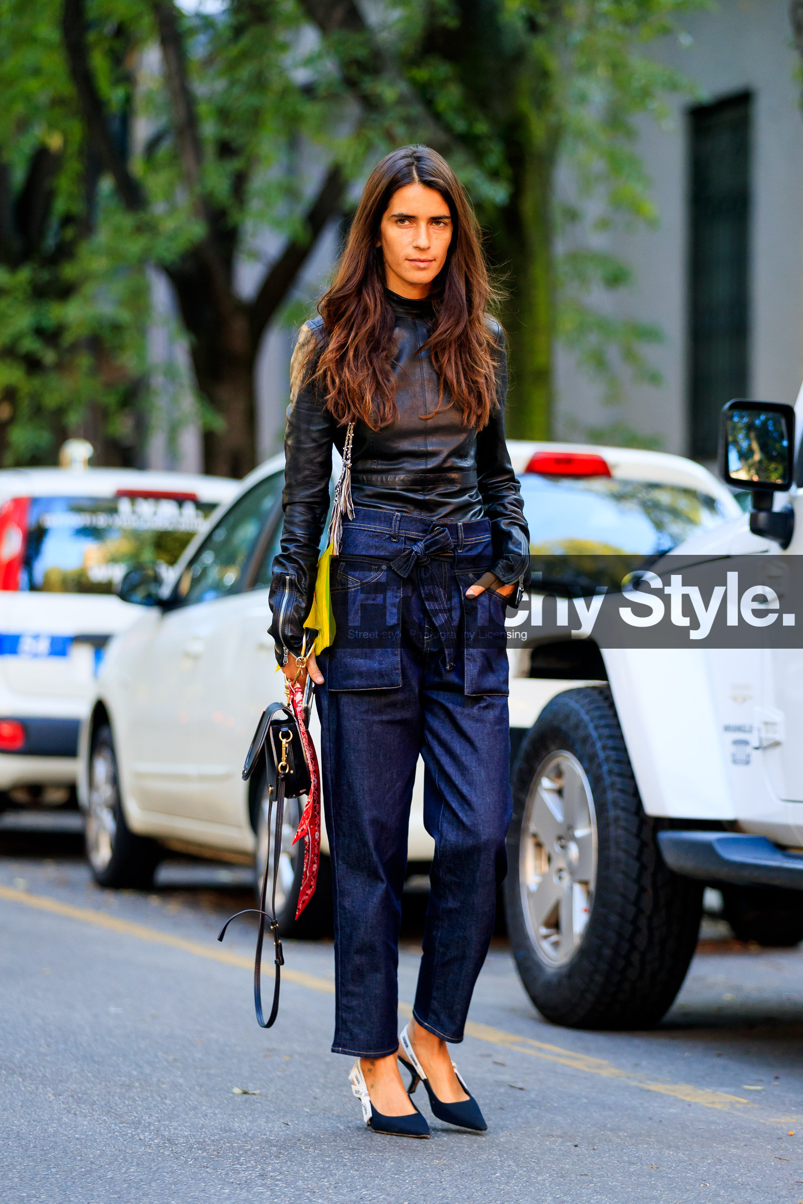 black bag, black shoes, black top, black turtleneck, blue denim, chiara totire, chloé, christian dior, denim pants, fashion week, frenchystyle, full length, FW, high heels, jeans, jonathan paciullo, leather bag, leather shoes, leather top, MFW, MILAN, red bandana, SPRING SUMMER 2018, SS 18, street style, trousers, vertical