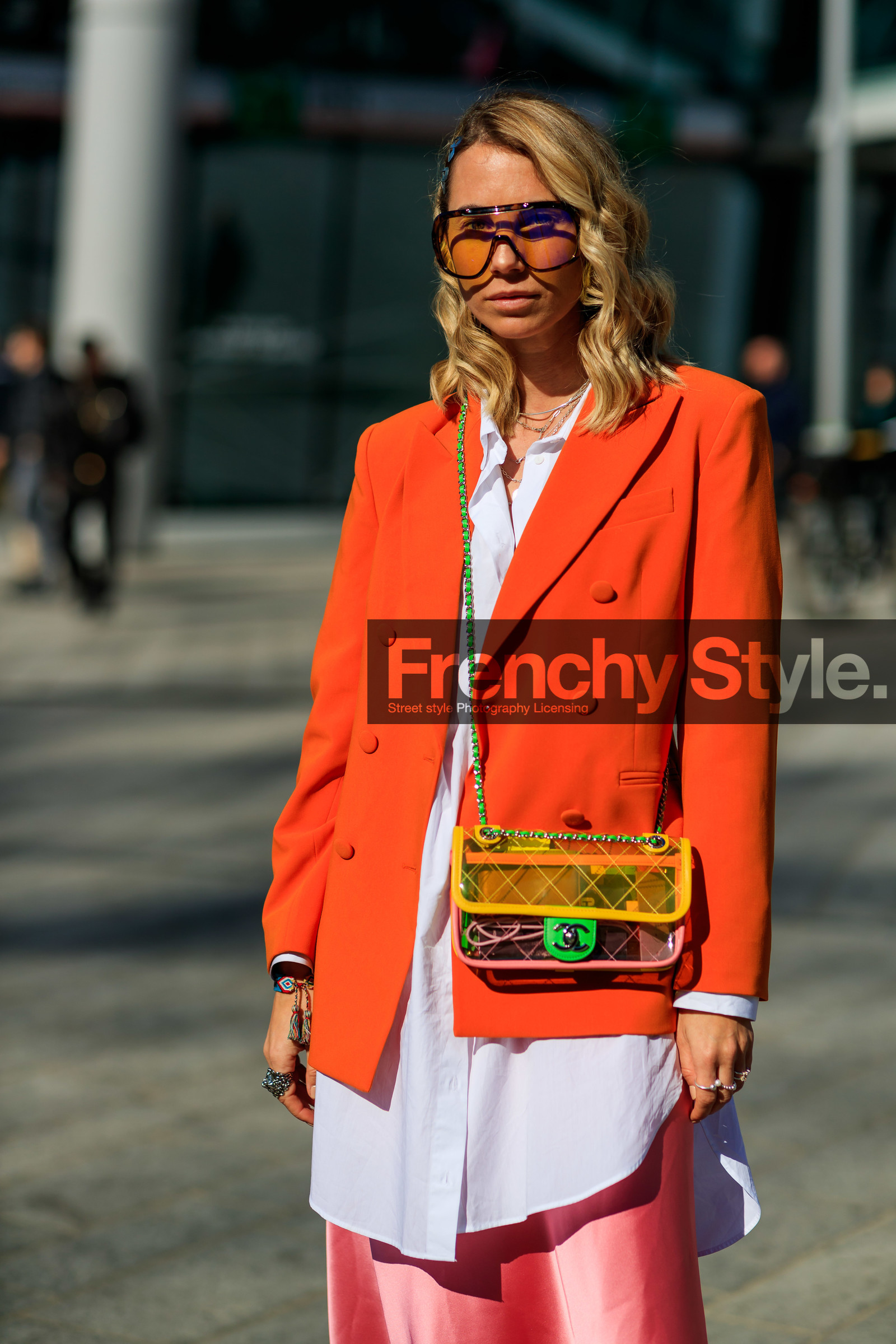 blazer, chanel handbag, graphic bag, leather bag, orange jacket, pink bag, pink skirt, printed bag, sunglasses, transparent bag, white shirt, yellow bag, MILAN, MFW, fashion week, frenchystyle, FW, jonathan paciullo, street style, AUTUMN WINTER 2019-2020, AW 19-20, FALL WINTER 2019-2020, FW 19-20, vertical, atmosphere details, detail