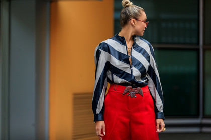 nina suess, armani total look, armani jacket, armani pants, armani sunglasses, red sunglasses, futurist shape sunglasses, striped jacket, black leather jacket, white leather jacket, zipped jacket, strassed belt, armani belt, fashion week, frenchystyle, FW, jonathan paciullo, street style, MFW, MILAN, SPRING SUMMER 2020, SS 20