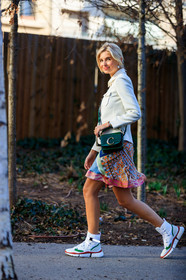 chloé, earrings, graphic skirt, green bag, leather bag, leather shoes, multicolor skirt, printed skirt, white jacket, white shoes, xenia tchoumi, xnenia adonts, PARIS, PFW, street style, jonathan paciullo, FW, frenchystyle, fashion week, AUTUMN WINTER 2019-2020, AW 19-20, FALL WINTER 2019-2020, FW 19-20, vertical, full length