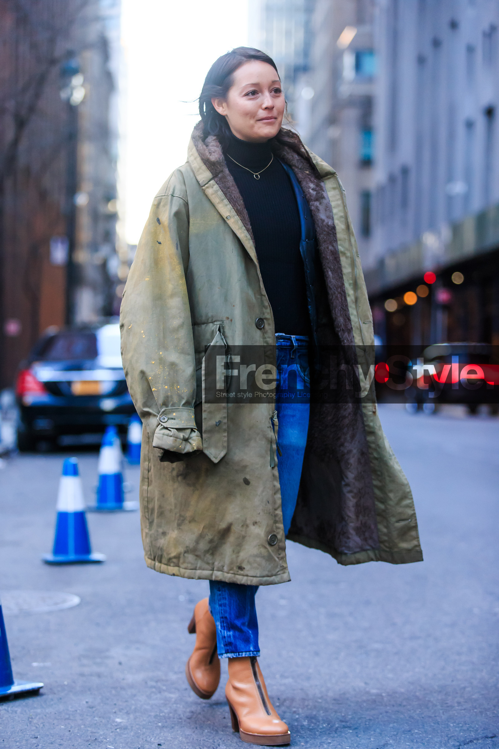 AUTUMN WINTER 2016-2017, AW 16-17, black sweater, blue denim, brown boots, denim pants, fashion week, frenchystyle, full length, FW, FW 16-17, green coat, high heels, jeans, jonathan paciullo, kaki coat, leather boots, NEW YORK, NYFW, pink boots, rachael wang, street style, trousers, turtleneck sweater, vertical, woman, zip