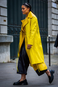 black loafers, black mocassins, black pants, coat, color, leather loafers, leather mocassins, leather pants, loafers, mocassins, yellow coat, street style, jonathan paciullo, FW, frenchystyle, fashion week, PFW, PARIS, SPRING SUMMER 2022, SS 22, vertical, full length