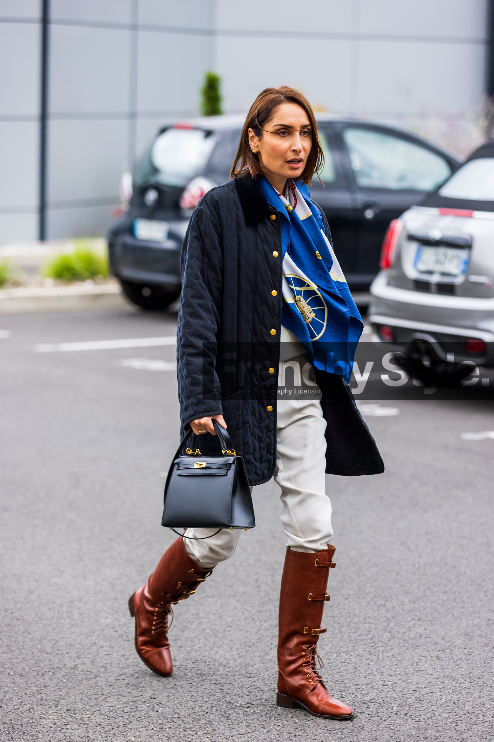 bag, black bag, blue scarf, boots, camel boots, Geraldine Boublil, hermes bag, jacket, leather bag, navy jacket, pants, printed scarf, quilted jacket, scarf, white pants, fashion week, frenchystyle, FW, jonathan paciullo, street style, PFW, PARIS, SPRING SUMMER 2022, SS 22, vertical, full length