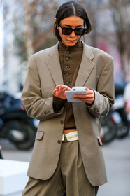 beige jacket, beige pants, beige suit, blazer, brown sweater, julie pelipas, sunglasses, trousers, PARIS, PFW, street style, jonathan paciullo, FW, frenchystyle, fashion week, AUTUMN WINTER 2019-2020, AW 19-20, FALL WINTER 2019-2020, FW 19-20, vertical, atmosphere details, detail