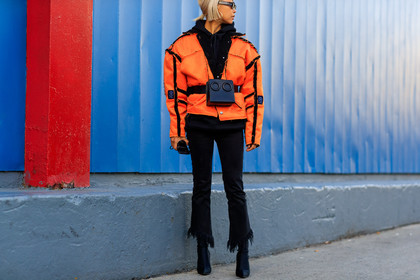black bag, black belt, black denim, black shoes, black sweater, denim pants, fanny pack, graphic jacket, high heels, hoodie, jeans, leather bag, leather belt, leather shoes, orange jacket, printed jacket, sunglasses, trousers, street style, jonathan paciullo, FW, frenchystyle, fashion week, NYFW, NEW YORK, AUTUMN WINTER 2018-2019, AW 18-19, FALL WINTER 2018-2019, FW 18-19, atmosphere details, horizontal, detail, vanessa hong