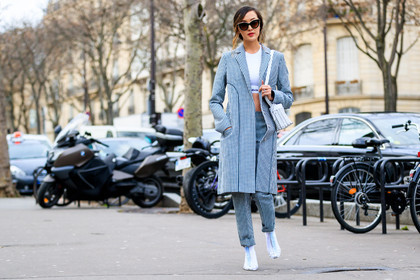 atmosphere details, AUTUMN WINTER 2017-2018, AW 17-18, checked coat, checked jacket, checked pants, Chriselle Lim, cropped top, FALL WINTER 2017-2018, fashion week, frenchystyle, full length, FW, FW 17-18, gingham, graphic jacket, graphic pants, high heels, horizontal, jonathan paciullo, leather bag, leather shoes, paco rabanne, PARIS, PFW, printed jacket, printed pants, street style, sunglasses, trousers, white bag, white boots, white top