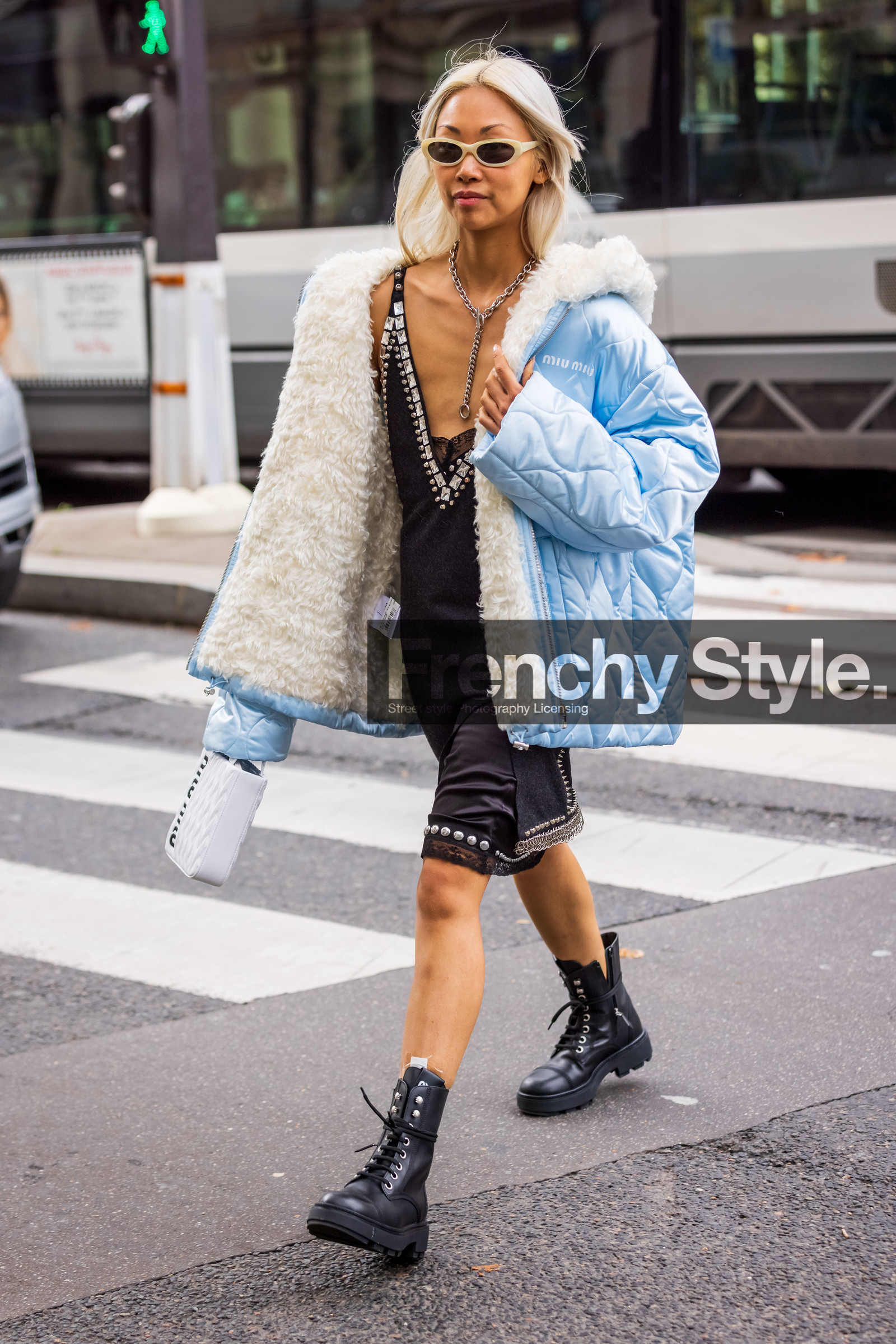 Vanessa Hong, bag, white bag, blue coat, black dress, coat, dress, miu miu look, short dress, statement dress, strap dress, strass, puffer, blue puffer, necklace, silver necklace, sunglasses, white sunglasses, fashion week, frenchystyle, FW, jonathan paciullo, street style, PFW, PARIS, SPRING SUMMER 2022, SS 22, vertical, full length