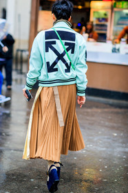 AUTUMN WINTER 2017-2018, AW 17-18, balenciaga, beige skirt, black shoes, blue shoes, FALL WINTER 2017-2018, fashion week, frenchystyle, full length, FW, FW 17-18, graphic bag, green bag, green jacket, high heels, jonathan paciullo, leather bag, leather shoes, PARIS, PFW, pleated skirt, printed bag, printed jacket, street style, striped bag, teddy jacket, vertical