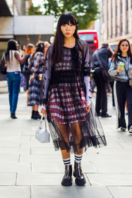 Susie Lau, midi dress, dress, boots, black, Bags, handbag, mini bag, white, plaid, fashion week, frenchystyle, FW, jonathan paciullo, street style, SPRING SUMMER 2022, SS 22, LFW, LONDON, vertical, full length