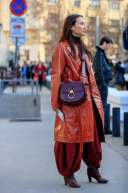 bordeaux, burgundy, chloé, elizabeth von der goltz, high heels, leather bag, leather coat, leather shoes, red bag, red boots, red coat, red pants, trousers, PARIS, PFW, street style, jonathan paciullo, FW, frenchystyle, fashion week, AUTUMN WINTER 2019-2020, AW 19-20, FALL WINTER 2019-2020, FW 19-20, vertical, full length