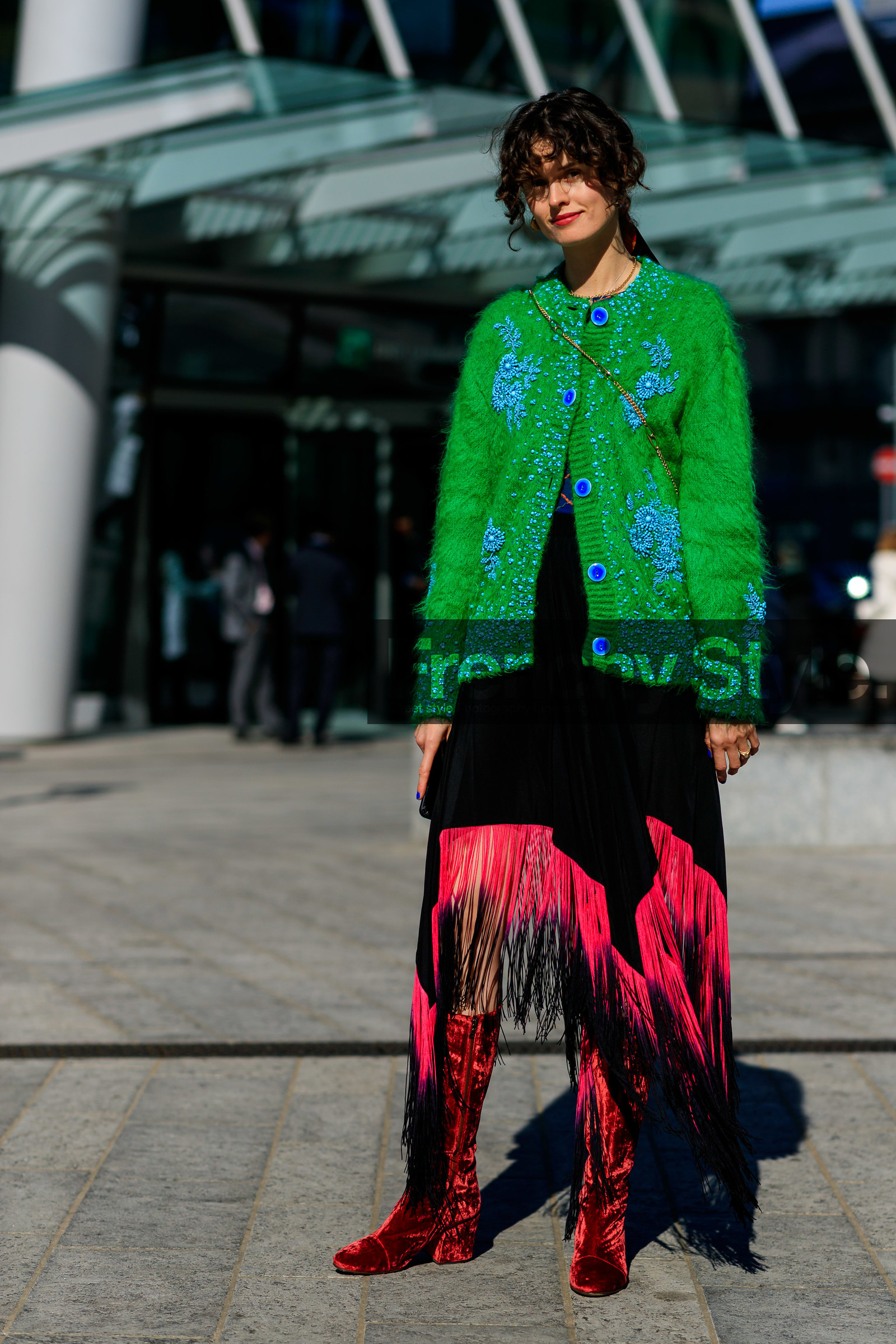 black dress, chloe hill, fringes, graphic jacket, graphic skirt, green cardigan, high boots, leather shoes, printed jacket, printed skirt, red boots, red lips, velvet, MILAN, MFW, fashion week, frenchystyle, FW, jonathan paciullo, street style, AUTUMN WINTER 2019-2020, AW 19-20, FALL WINTER 2019-2020, FW 19-20, vertical, full length