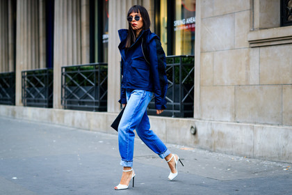 blue denim, blue jacket, denim pants, high heels, jeans, leather shoes, sunglasses, trousers, white shoes, fashion week, frenchystyle, FW, jonathan paciullo, street style, PFW, PARIS, SPRING SUMMER 2017, SS 17, HAUTE COUTURE, atmosphere details, full length, horizontal, evangelie smyrniotaki