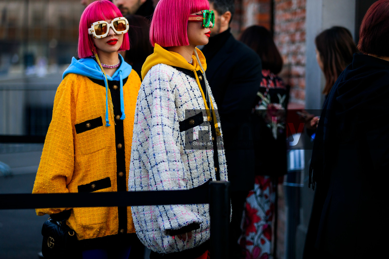 Ami and Aya Suzuki, beige boots, blue sweater, checked, dyed hair, graphic jacket, gucci, high boots, hoodie, monogram, necklace, pink hair, plaid, printed jacket, red bag, sunglasses, tights, tweed jacket, white jacket, yellow jacket, fashion week, frenchystyle, FW, jonathan paciullo, street style, MFW, MILAN, AUTUMN WINTER 2019-2020, AW 19-20, FALL WINTER 2019-2020, FW 19-20, atmosphere details, detail, horizontal