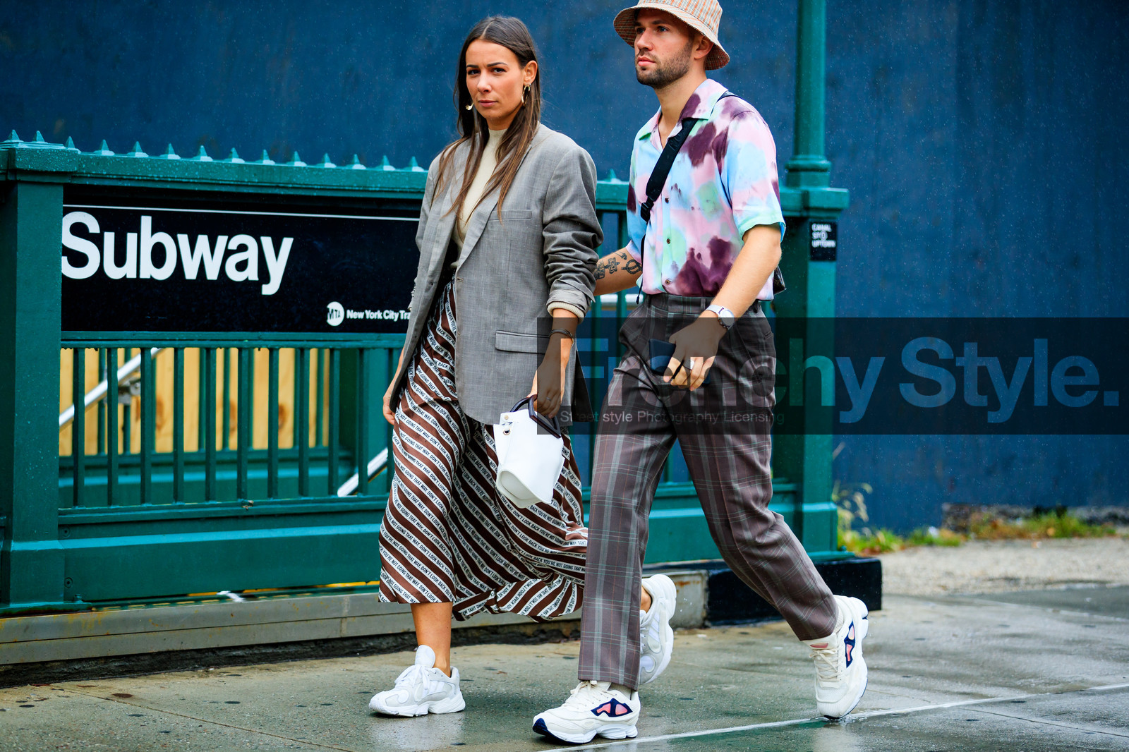 alice & j.s, blazer, brown dress, graphic dress, graphic pants, grey jacket, grey pants, leather bag, leather shoes, multicolor shirt, printed dress, printed pants, printed shirt, stripes, tattoos, tie & die, trousers, tye dye, white bag, white sneakers, street style, jonathan paciullo, FW, frenchystyle, fashion week, NYFW, NEW YORK, SPRING SUMMER 2019, SS 19, atmosphere details, horizontal, full length