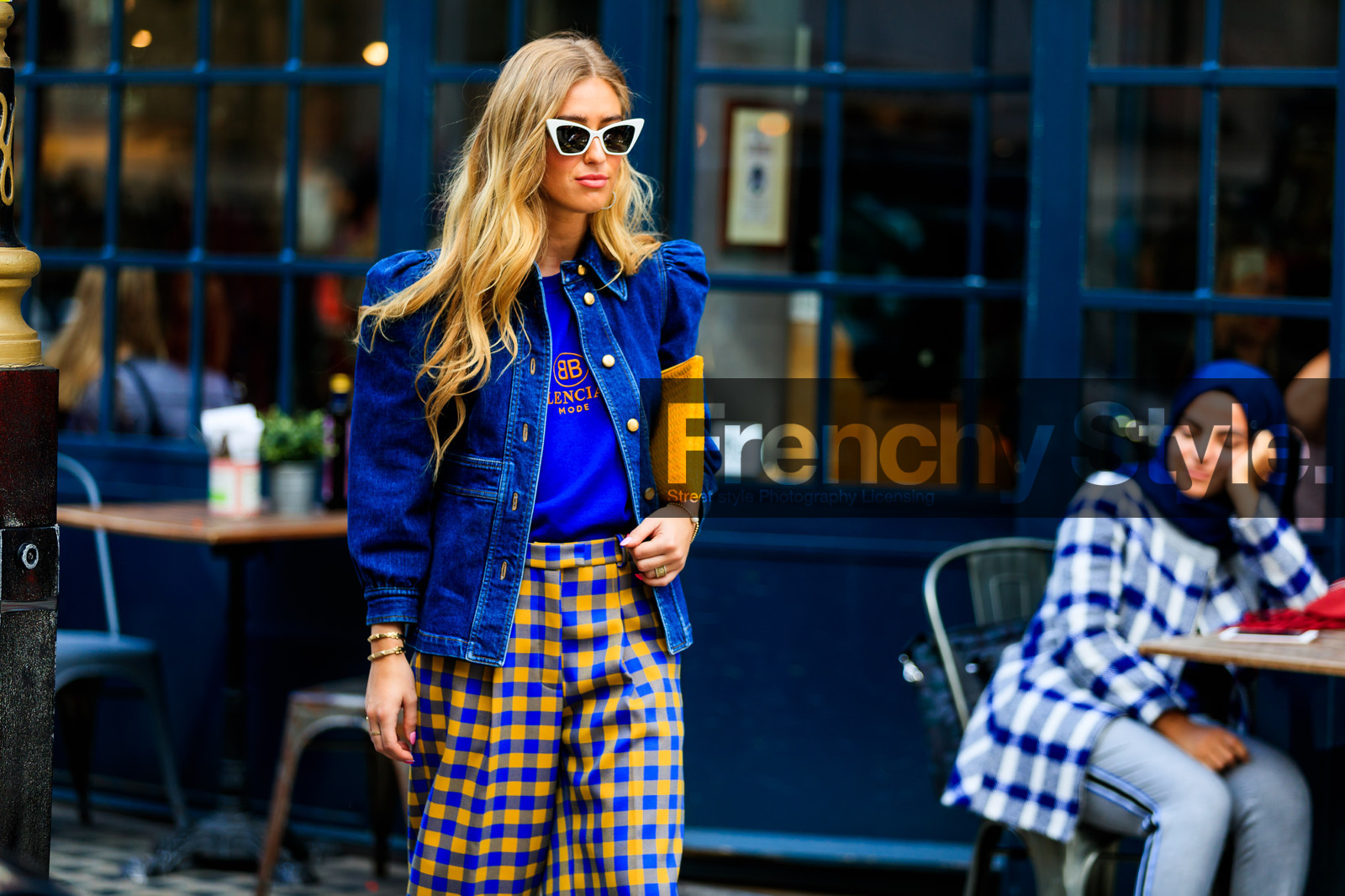 balenciaga, blue denim, blue t shirt, checked, denim jacket, emili sindlev, graphic pants, leather bag, plaid, printed pants, sunglasses, trousers, wide pant, yellow bag, yellow pants, fashion week, frenchystyle, FW, jonathan paciullo, street style, LFW, LONDON, SPRING SUMMER 2019, SS 19, atmosphere details, horizontal, detail