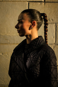 dior, dior earrings, pearls, braided hair, braided pony tails, black jacket, hair, close up, fashion week, frenchystyle, FW, jonathan paciullo, street style, PARIS, PFW, SPRING SUMMER 2022, SS 22, atmosphere details, detail, vertical, alice barbier