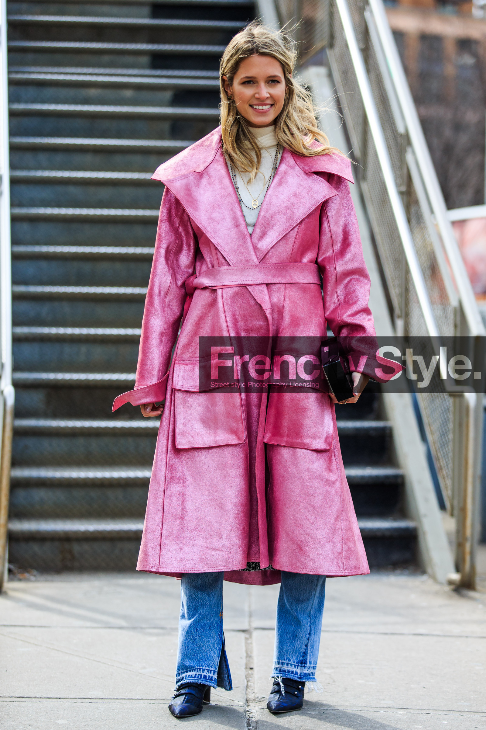 AUTUMN WINTER 2016-2017, AW 16-17, black boots, blue denim, denim pants, FALL WINTER 2016-2017, fashion week, frenchystyle, full length, FW, FW 16-17, helena bordon, jeans, jonathan paciullo, NEW YORK, NYFW, pink coat, street style, trousers, turtleneck sweater, vertical, white sweater, woman