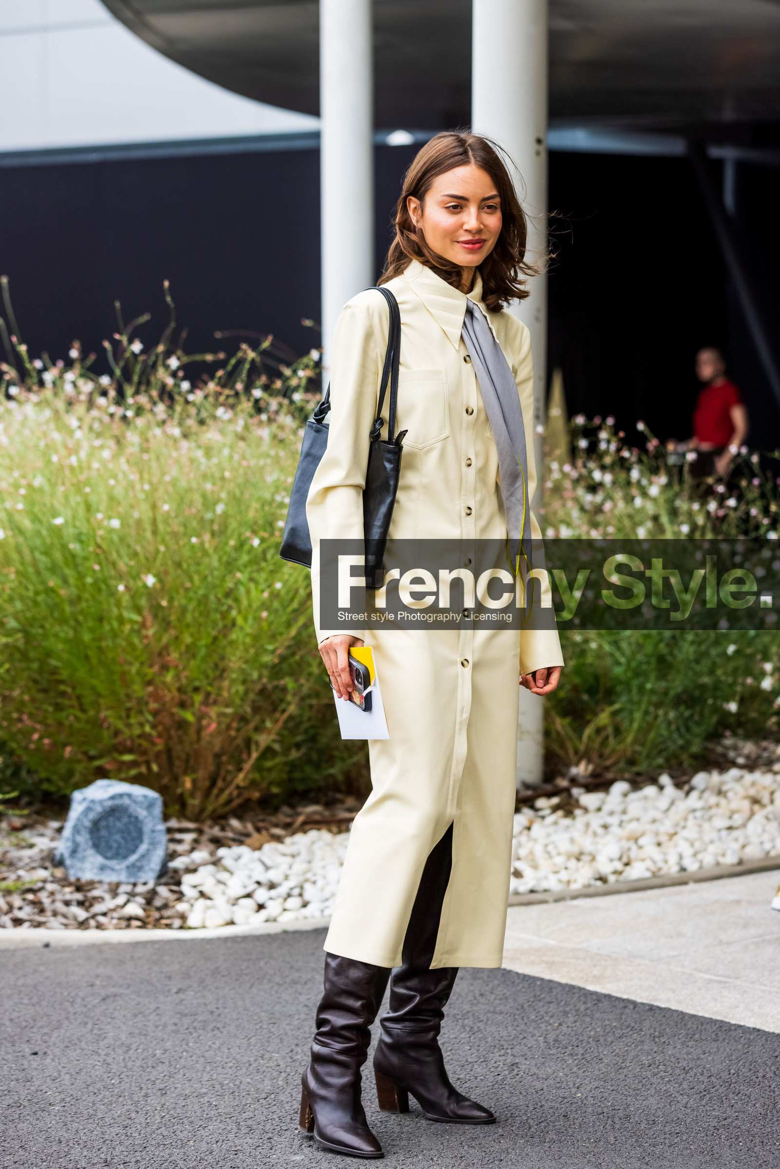 bag, black bag, black boots, boots, Clara Aparicio, dress, grey scarf, high boots, leather bag, long dress, pastel, scarf, shirt dress, yellow dress, PARIS, PFW, fashion week, frenchystyle, FW, jonathan paciullo, street style, SPRING SUMMER 2022, SS 22, vertical, full length