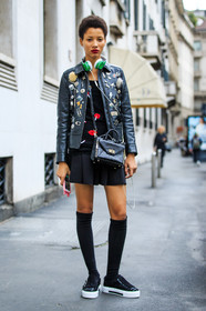 AUTUMN WINTER 2016-2017, AW 16-17, beats, black bag, black jacket, black perfecto, black skirt, black slippers, black sneakers, black socks, black sweater, cartoon, coach, curly hair, drawings, embroidered jacket, embroidered sweater, embroideries, FALL WINTER 2016-2017, fashion week, frenchystyle, full length, FW, FW 16-17, headphones, high socks, jonathan paciullo, leather bag, leather jacket, leather perfecto, LFW, lineisy montero, LONDON, MENSWEAR, mini skirt, model, natural, pins, red lips, safety pin, short hair, skincare, stars, street style, vertical