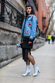 AUTUMN WINTER 2016-2017, AW 16-17, black dress, blue denim, bomber jacket, denim jacket, embroidered jacket, eyeshadow, fashion week, fishnet, frenchystyle, full length, FW, FW 16-17, high heels, high socks, jonathan paciullo, layers, leather boots, navy jacket, NEW YORK, NYFW, red lips, silver heels, silver shoes, street style, vertical, woman
