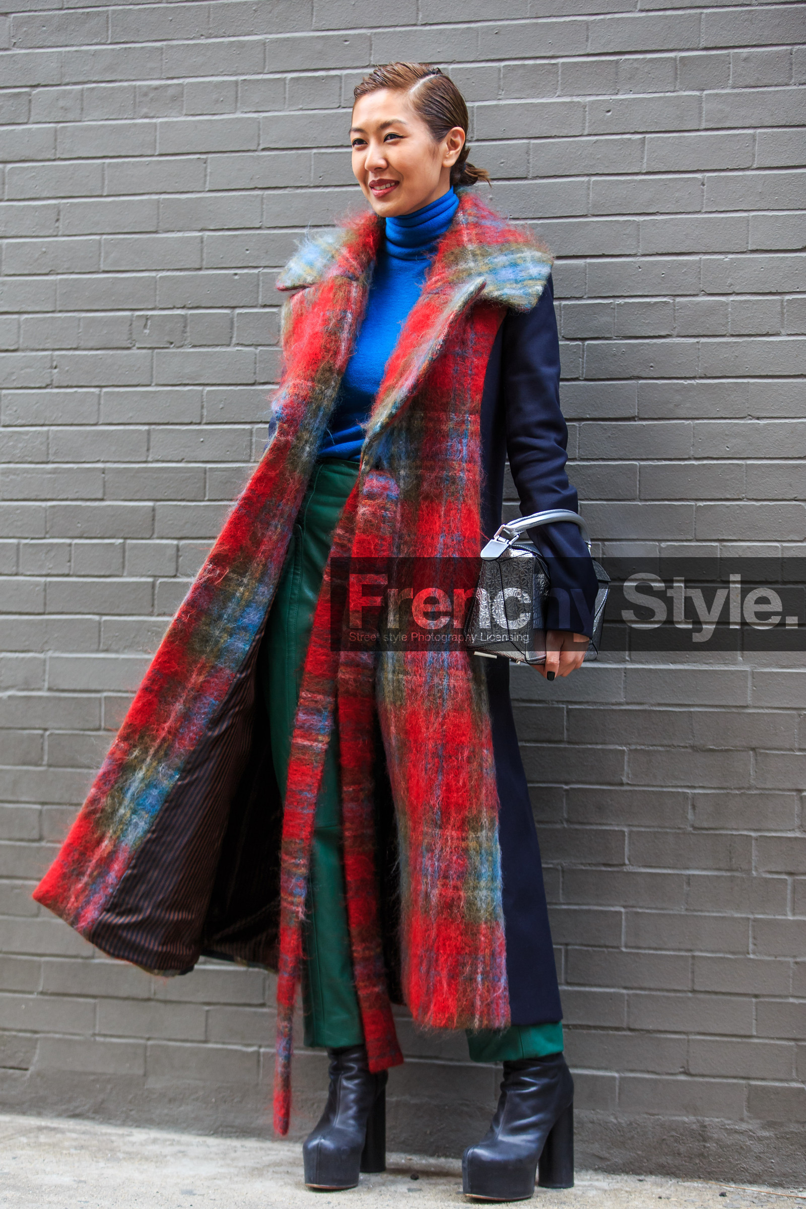 AUTUMN WINTER 2016-2017, AW 16-17, black boots, blue sweater, fashion week, frenchystyle, full length, FW, FW 16-17, green pants, high heels, jonathan paciullo, leather bag, leather boots, liz yu, loewe, long coat, NEW YORK, NYFW, plaid, red coat, silver bag, street style, tartan, turtleneck sweater, vertical, woman