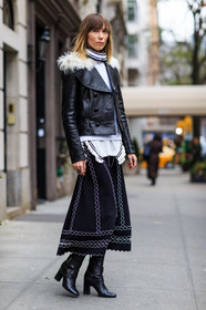 anya ziourova, AUTUMN WINTER 2016-2017, AW 16-17, black boots, black jacket, black skirt, embroidered skirt, fashion week, frenchystyle, full length, fur collar, FW, FW 16-17, jonathan paciullo, leather boots, leather jacket, long skirt, NEW YORK, NYFW, street style, vertical, white fur, white knit, woman