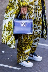 bag, belt, black bra, bra, camel belt, coat, freckles, gold necklace, Hera Pradel, leather belt, necklace, print, printed coat, printed pants, puffer, statement necklace, tattoo, transparent bag, yellow coat, yellow pants, fashion week, frenchystyle, FW, jonathan paciullo, street style, PFW, PARIS, SPRING SUMMER 2022, SS 22, vertical, atmosphere details