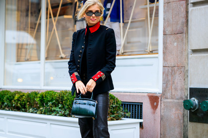 black jacket, black pants, green bag, leather bag, leather pants, ralph lauren, sunglasses, trousers, xenia adonts, frenchystyle, jonathan paciullo, street style, NYFW, NEW YORK, AUTUMN WINTER 2019-2020, AW 19-20, FALL WINTER 2019-2020, FW 19-20, fashion week, FW, atmosphere details, horizontal, detail