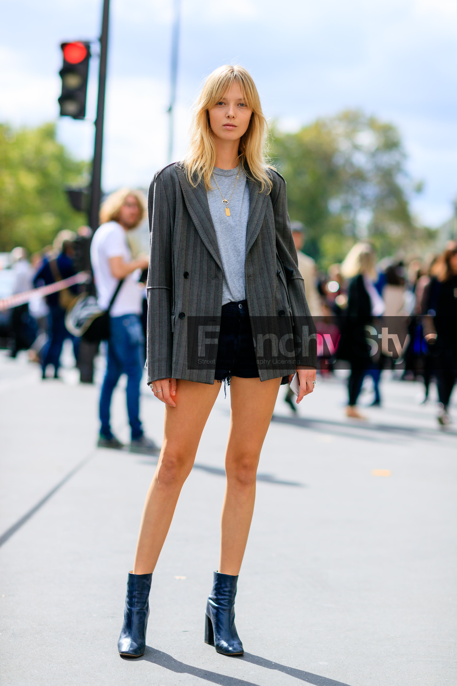 black boots, black denim, blazer, denim shorts, fashion week, frenchystyle, full length, FW, grey jacket, grey t shirt, high heels, jonathan paciullo, leather shoes, model, PARIS, PFW, SPRING SUMMER 2017, SS 17, street style, Ulrikke Hoeyer, vertical
