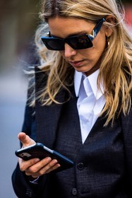 black blazer, black sunglasses, black waistcoat, close up, detail, Natalia Verza, rectangle sunglasses, smartphone, sunglasses, versace sunglasses, waistcoat, white shirt, fashion week, frenchystyle, FW, jonathan paciullo, street style, PFW, PARIS, SPRING SUMMER 2022, SS 22, vertical, atmosphere details