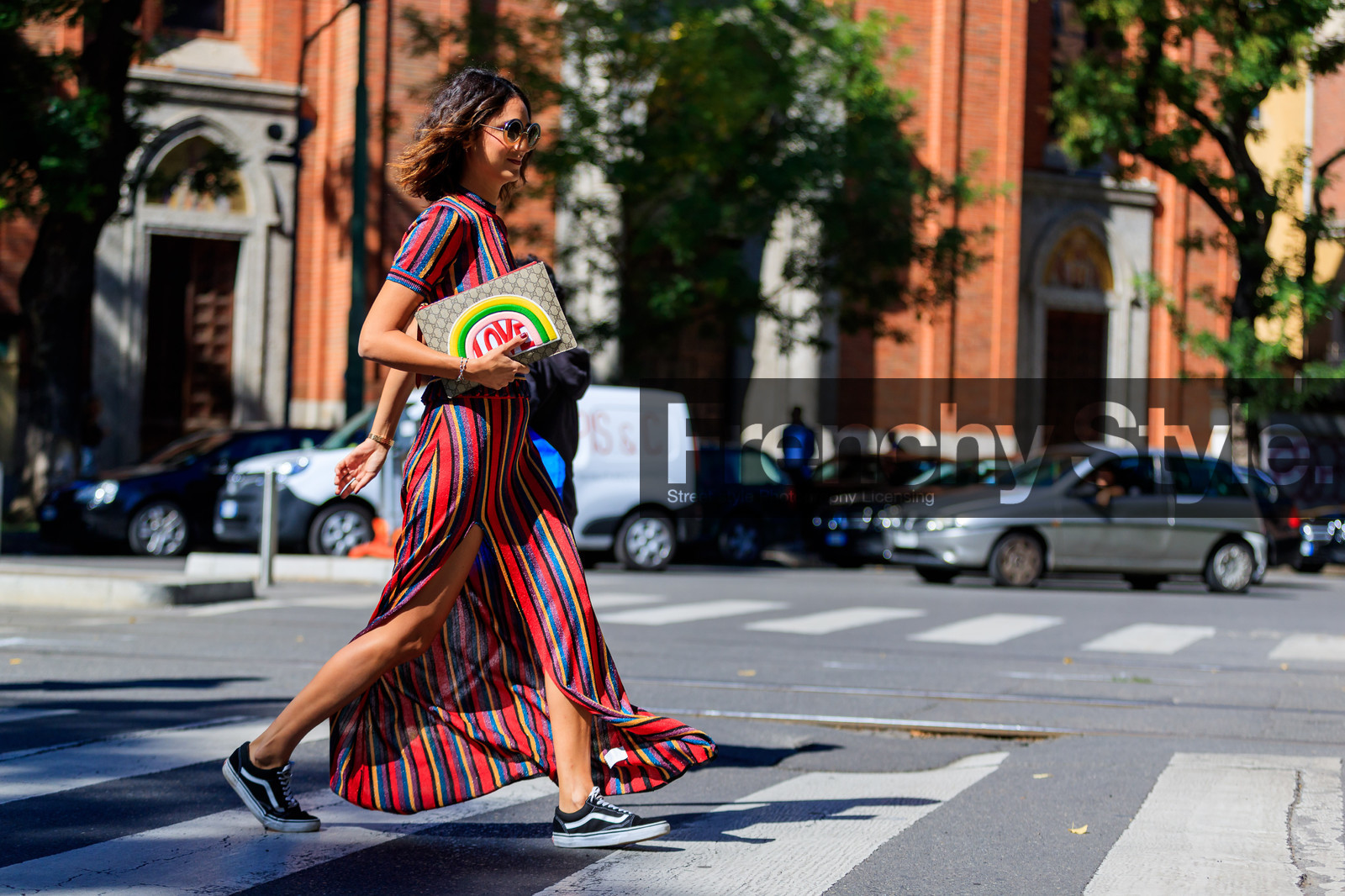 atmosphere details, black shoes, black sneakers, fashion week, frenchystyle, full length, FW, graphic bag, graphic dress, gucci, horizontal, jonathan paciullo, leather bag, leather shoes, MFW, MILAN, printed bag, printed dress, red dress, soraya bakhtiar, SPRING SUMMER 2018, SS 18, street style, striped dress, sunglasses, vans