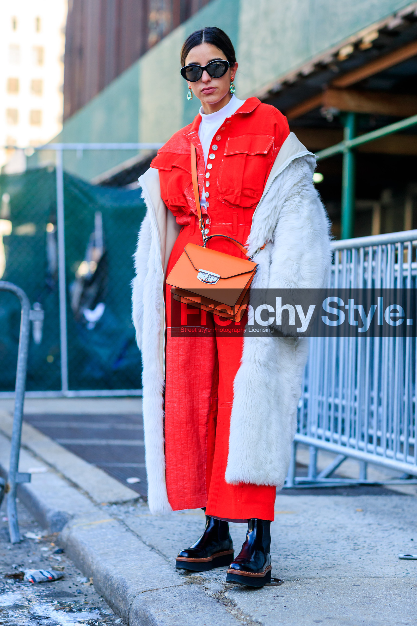 black shoes, earrings, Fur coat, leather bag, leather shoes, off the shoulder, orange bag, red jumpsuit, sunglasses, white coat, white fur, white sweater, street style, jonathan paciullo, FW, frenchystyle, fashion week, NYFW, NEW YORK, AUTUMN WINTER 2018-2019, AW 18-19, FALL WINTER 2018-2019, FW 18-19, vertical, full length, bettina looney