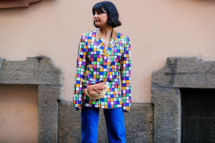 blazer, blue denim, camel bag, checked, denim pants, graphic bag, graphic jacket, jeans, leather bag, loewe, maria bernad, multicolor jacket, plaid, printed bag, printed jacket, trousers, MILAN, MFW, fashion week, frenchystyle, FW, jonathan paciullo, street style, AUTUMN WINTER 2019-2020, AW 19-20, FALL WINTER 2019-2020, FW 19-20, atmosphere details, detail, horizontal