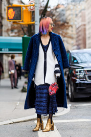 AUTUMN WINTER 2016-2017, AW 16-17, blue coat, blue dress, cashmere, dyed hair, fashion week, frenchystyle, fringes, full length, FW, FW 16-17, golden boots, irene kim, jonathan paciullo, layers, leather boots, long dress, NEW YORK, NYFW, street style, striped coat, sunglasses, vertical, white cardigan, woman, wool coat