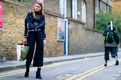 atmosphere details, black boots, black bra, black jacket, black pants, black top, bomber jacket, fashion week, frenchystyle, full length, FW, graphic bag, green bag, high heels, horizontal, jonathan paciullo, leather bag, leather shoes, LFW, LONDON, model, nana abramova, see through, SPRING SUMMER 2017, SS 17, street style, suede shoes, trousers, white bag, wide pants, woman