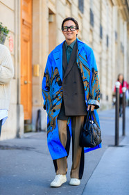 beige pants, black bag, blazer, blue coat, brown jacket, graphic jacket, leather bag, leather shoes, maison martin margiela, printed jacket, sunglasses, trousers, white shoes, PARIS, PFW, street style, jonathan paciullo, FW, frenchystyle, fashion week, AUTUMN WINTER 2019-2020, AW 19-20, FALL WINTER 2019-2020, FW 19-20, vertical, full length