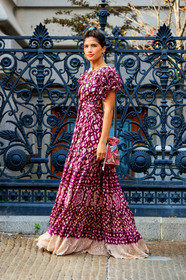 embroidered bag, graphic bag, graphic dress, leather bag, long dress, pink bag, pink dress, printed bag, printed dress, ruffles, fashion week, frenchystyle, FW, jonathan paciullo, street style, NYFW, NEW YORK, SPRING SUMMER 2019, SS 19, vertical, full length