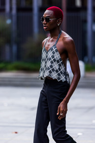 aviator sunglasses, bag, black pants, check, checked top, earrings, menswear, pants, printed top, Rickey Thompson, statement bag, strass, strassed top, sunglasses, tattoo, fashion week, frenchystyle, FW, jonathan paciullo, street style, PFW, PARIS, SPRING SUMMER 2022, SS 22, vertical, atmosphere details