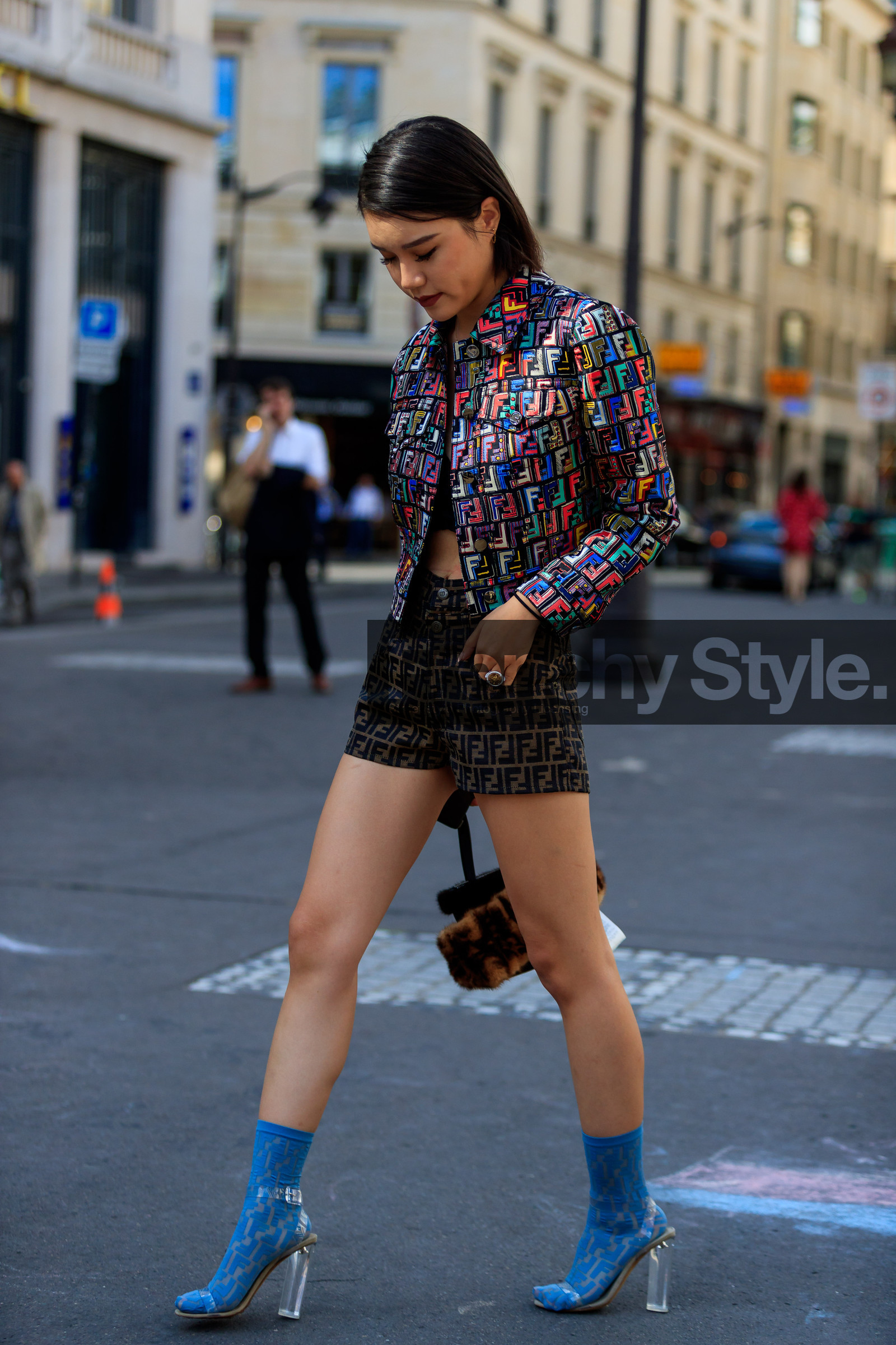 blue socks, brown bag, brown shorts, fendi, fur bag, graphic bag, graphic jacket, graphic shorts, high heels, high socks, leather bag, leather shoes, monogram, multicolor jacket, printed bag, printed jacket, printed shorts, transparent shoes, PFW, fashion week, frenchystyle, FW, jonathan paciullo, street style, PARIS, vertical, full length, AUTUMN WINTER 2018-2019, FALL WINTER 2018-2019, FW 18-19