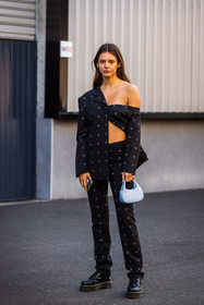 Alizée Gamberini, asymetric blazer, bag, black boots, black jacket, black pants, blue bag, boots, cross, dr martens, jacket, light blue bag, mini bag, pants, print, printed blazer, printed pants, suit, street style, jonathan paciullo, FW, frenchystyle, fashion week, PFW, PARIS, SPRING SUMMER 2022, SS 22, vertical, full length