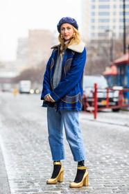 annie georgia greenberg, AUTUMN WINTER 2016-2017, AW 16-17, beret, blue denim, blue hat, denim jacket, denim pants, earrings, embroidered jacket, fashion week, frenchystyle, full length, fur collar, FW, FW 16-17, golden boots, golden heel, grey knit, grey sweater, high heels, jeans, jonathan paciullo, leather shoes, NEW YORK, NYFW, shearling, street style, trousers, vertical, white fur, woman