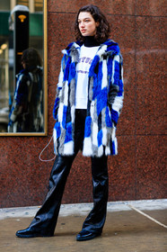 AUTUMN WINTER 2017-2018, AW 17-18, black boots, black pants, black turtleneck, blue fur coat, FALL WINTER 2017-2018, fashion week, frenchystyle, full length, FW, FW 17-18, jonathan paciullo, leather boots, leather pants, mckenna hellam, model, NEW YORK, NYFW, patchwork, street style, trousers, vertical, white t shirt