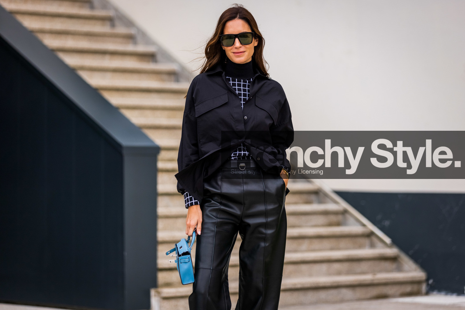 bag, black and white, black pants, black shirt, black sunglasses, blue bag, check, checked knitwear, Gala Gonzalez, hermes bag, hermes look, leather bag, leather pants, shirt, sunglasses, PARIS, PFW, fashion week, frenchystyle, FW, jonathan paciullo, street style, SPRING SUMMER 2022, SS 22, horizontal, atmosphere details